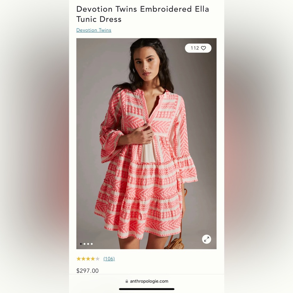 Anthropologie Devotion Twins Embroidered Tunic dress. Sz Medium.